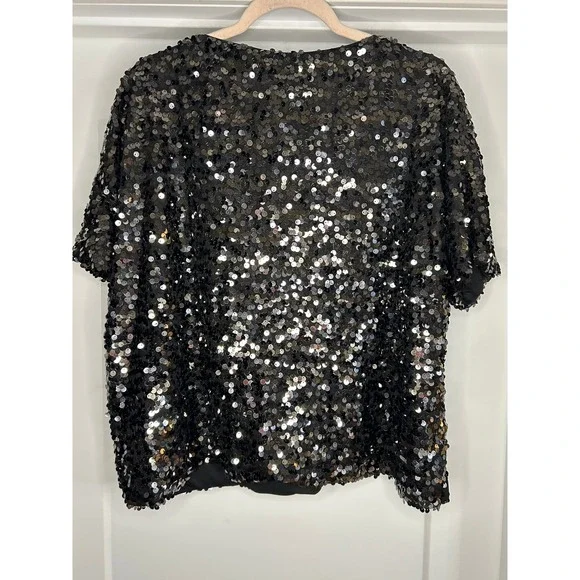HM Black Sequin Short Sleeve Top Womens Large Boxy Scoop Neck Party Blouse - Picture 5 of 7